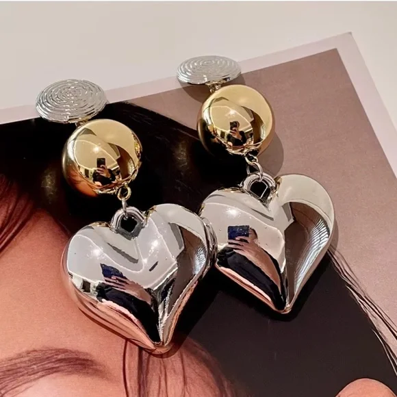 Anthropologie Gold and Silver Heart Drop Earrings - Picture 5 of 5